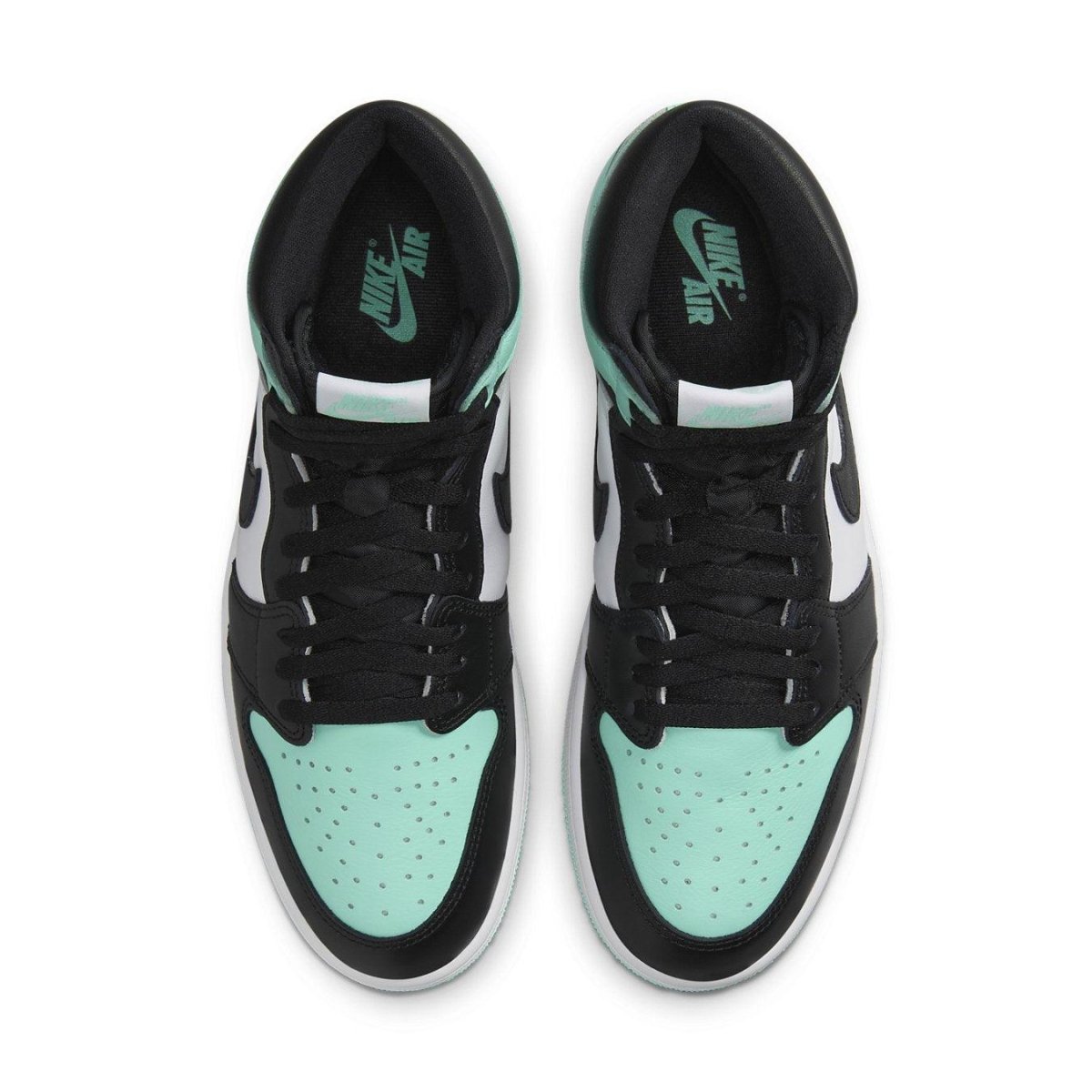 Top view of Air Jordan 1 Retro High OG 'Green Glow' sneakers, featuring black, white, and vibrant mint accents.