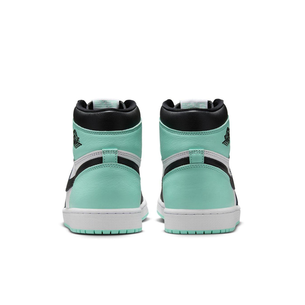 Back view of Jordan 1 Retro High OG Green Glow showcasing mint green and black design details.