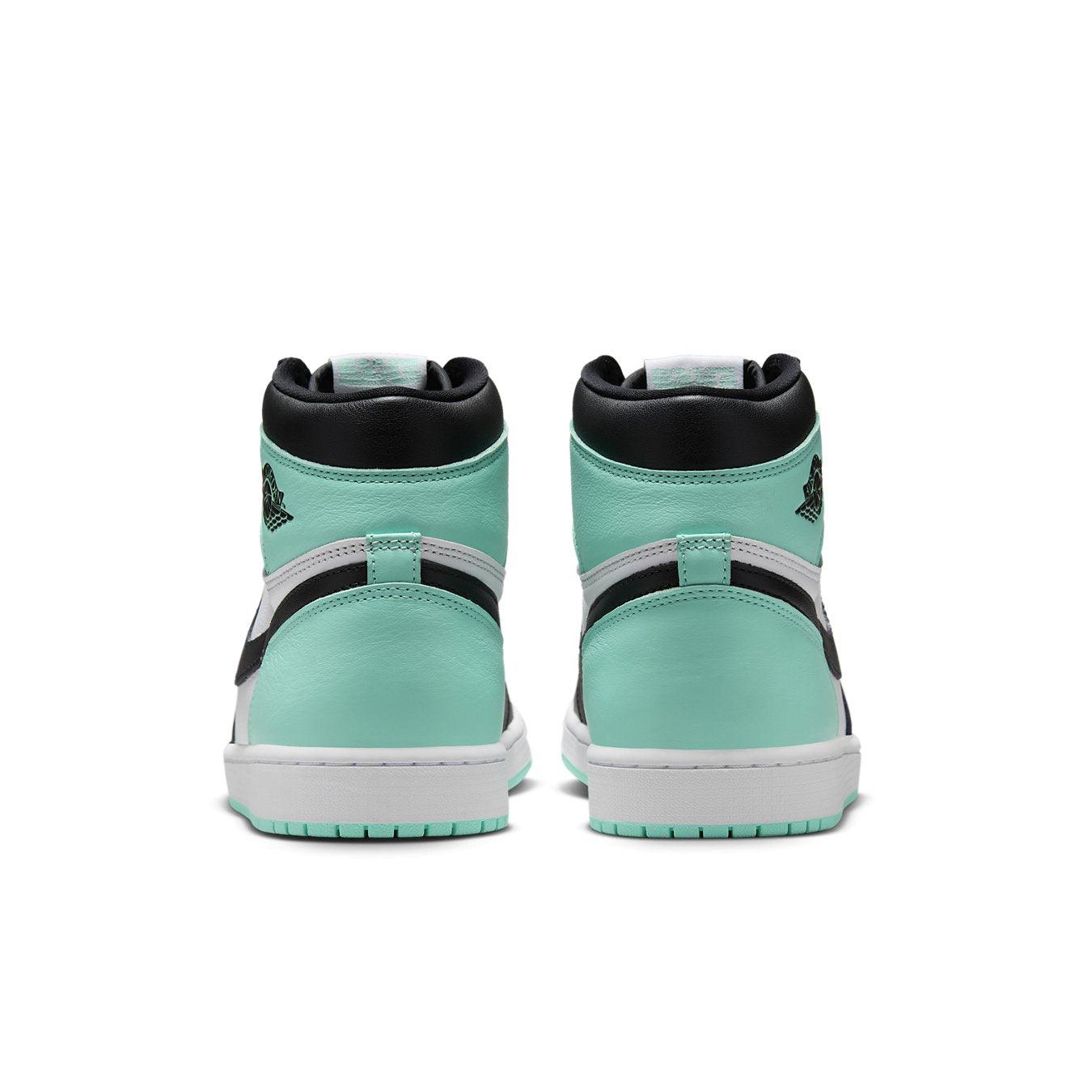 Back view of Jordan 1 Retro High OG Green Glow showcasing mint green and black design details.