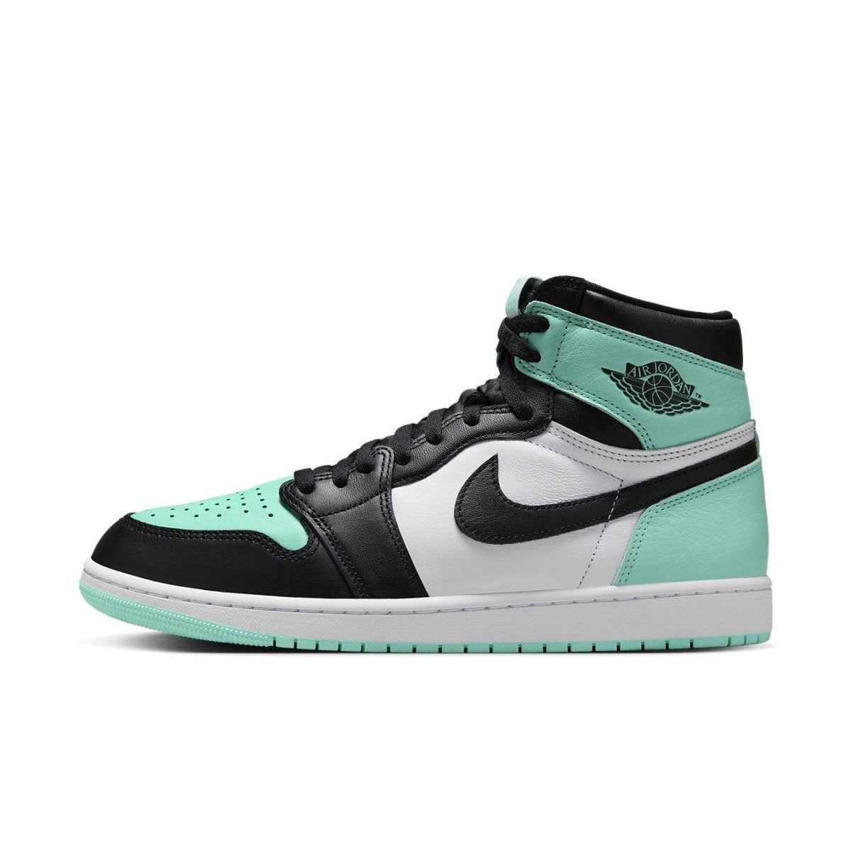 Air Jordan 1 Retro High OG 'Green Glow' featuring black, white, and mint accents.