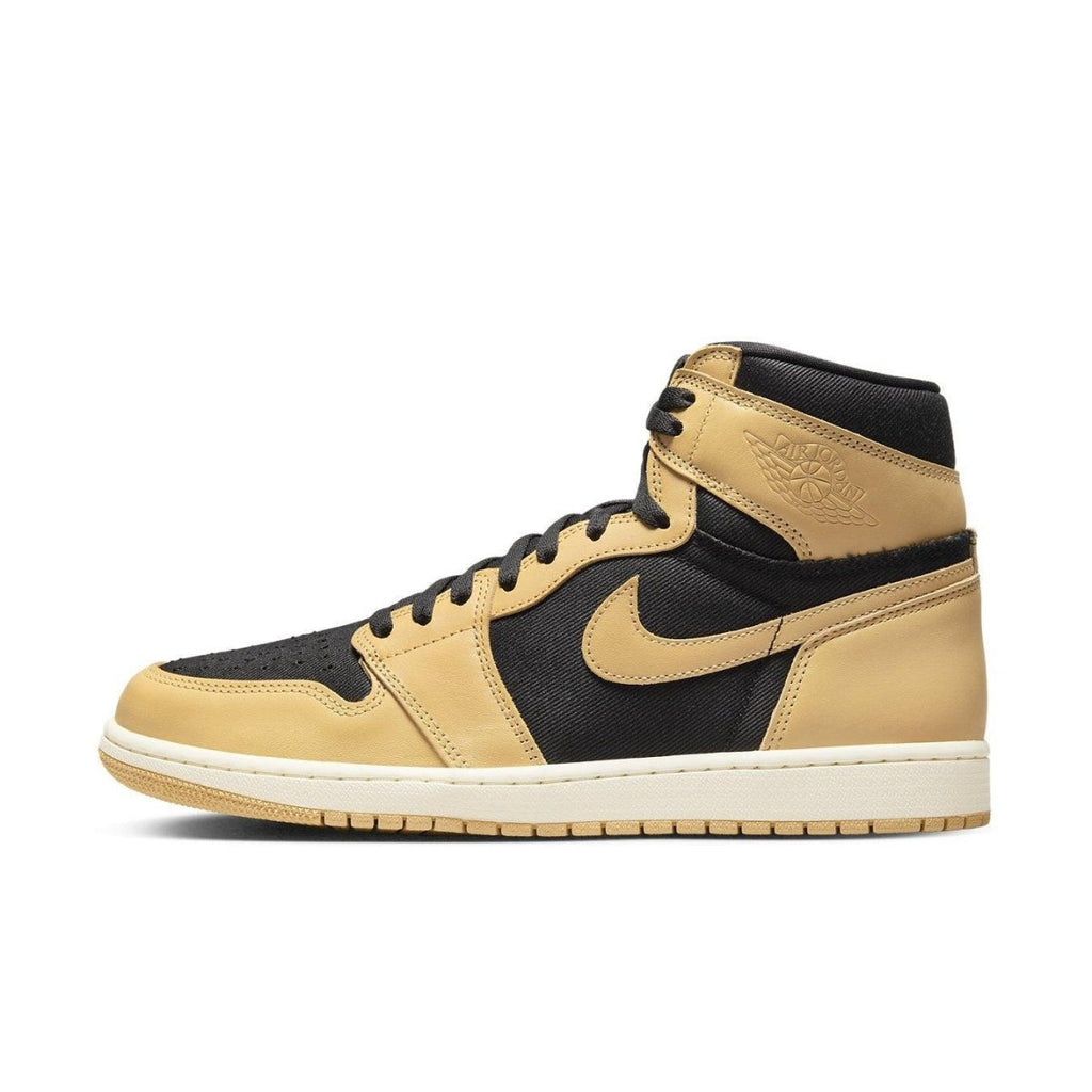 Air Jordan 1 Retro High OG Heirloom in black twill and Vachetta Tan leather, featuring high-top design.