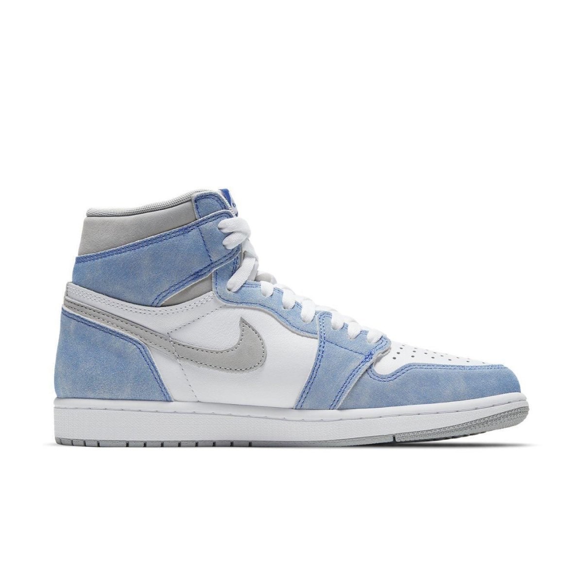 Air Jordan 1 Retro High OG Hyper Royal with white leather and faded blue suede design.