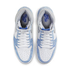Top view of Jordan 1 Retro High OG Hyper Royal sneakers featuring white leather and faded blue suede.