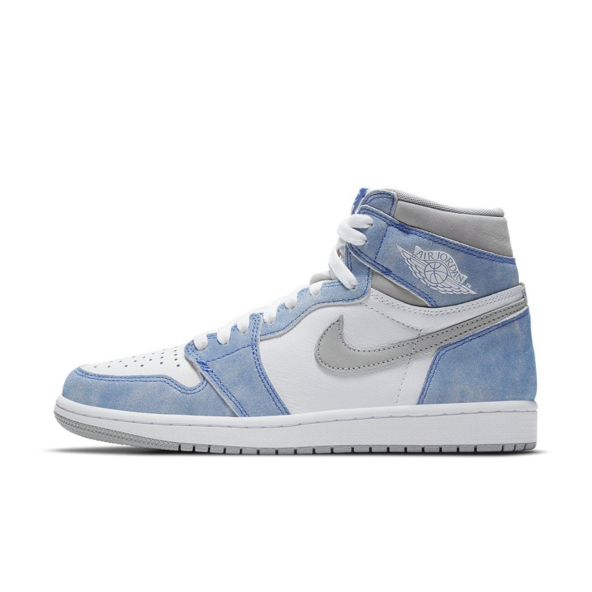 Air Jordan 1 Retro High OG Hyper Royal sneaker in white leather with faded blue suede accents and gray details.