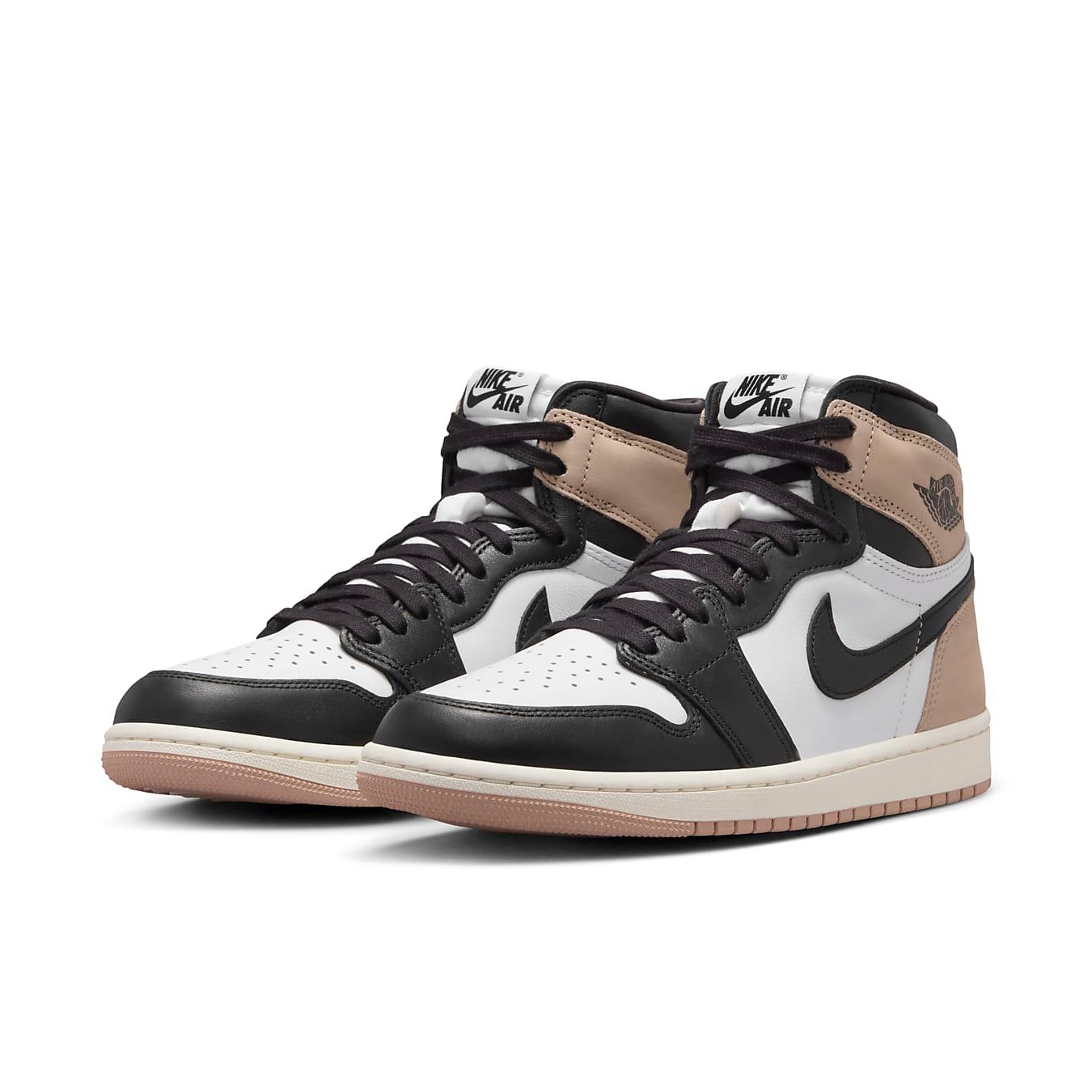 Jordan 1 Retro High OG Latte women's sneakers in black, white, and brown colorway.