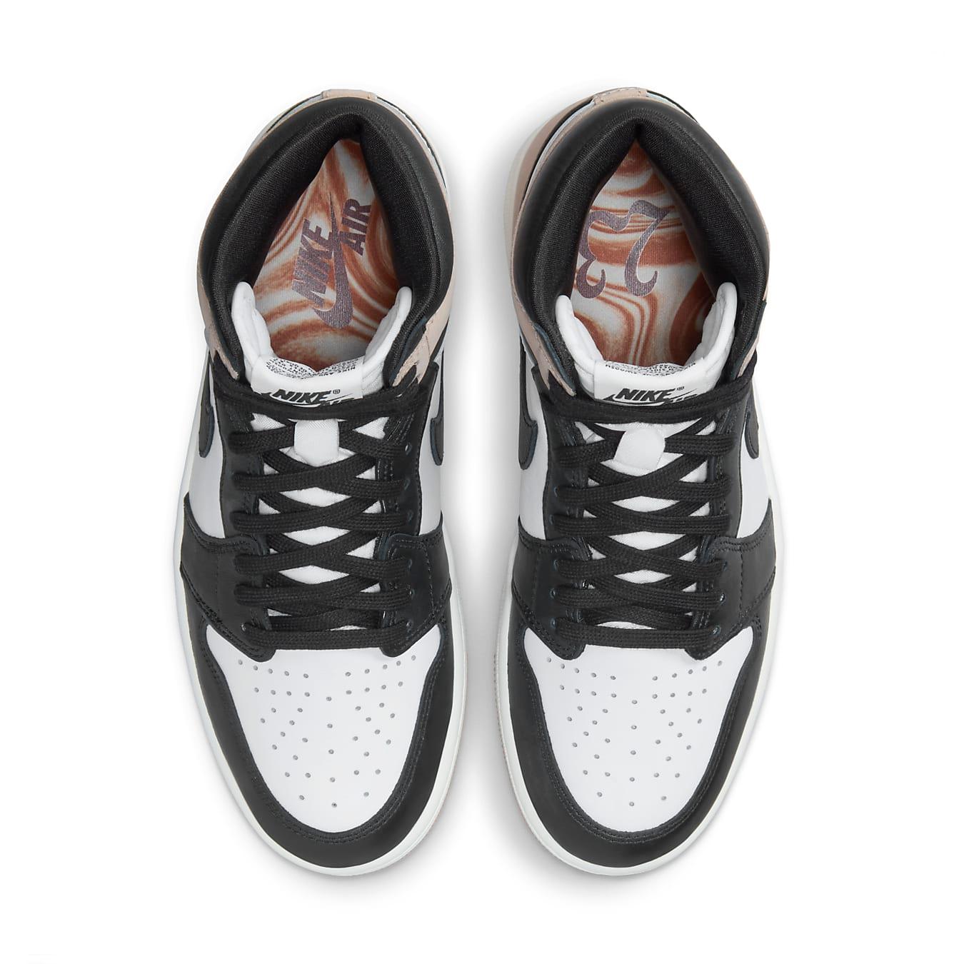 Top view of Women's Air Jordan 1 Retro High OG Latte in black, white, and brown leather with stylish design elements.