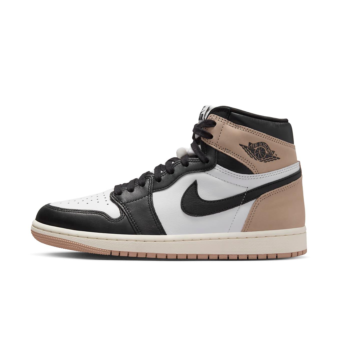Women’s Air Jordan 1 Retro High OG Latte in black, white, and brown, featuring iconic design and stylish accents.