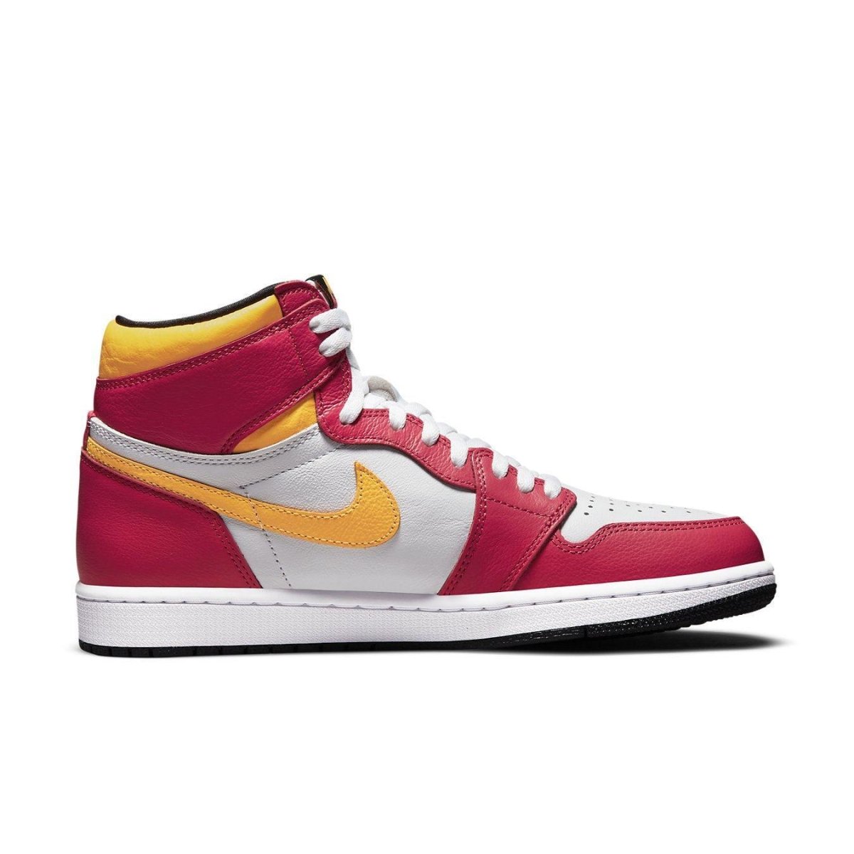 Nike Air Jordan 1 Retro High OG Light Fusion Red features red, white, and laser orange design with high-top silhouette.