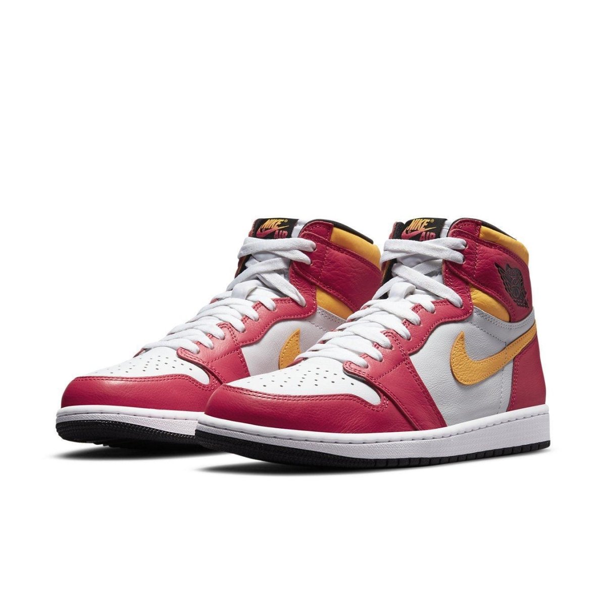 Air Jordan 1 Retro High OG Light Fusion Red with white leather, dark pink overlays, and Laser Orange accents.