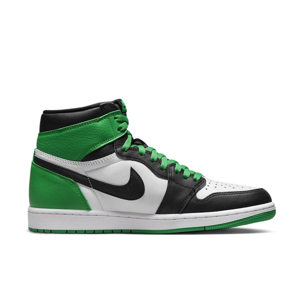 Nike Air Jordan 1 Retro High OG Lucky Green sneaker in black, white, and green colorway.