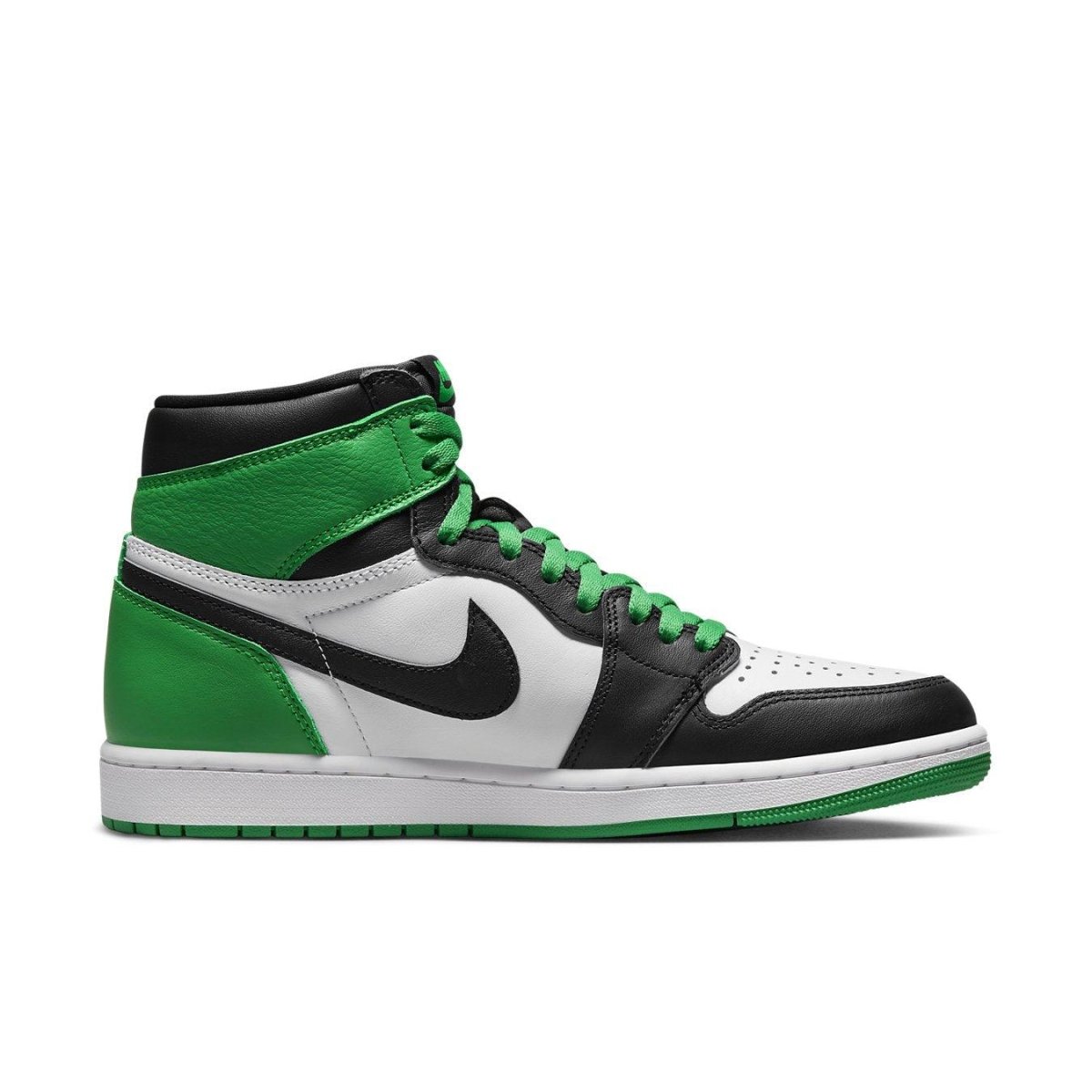 Nike Air Jordan 1 Retro High OG Lucky Green sneaker in black, white, and green colorway.