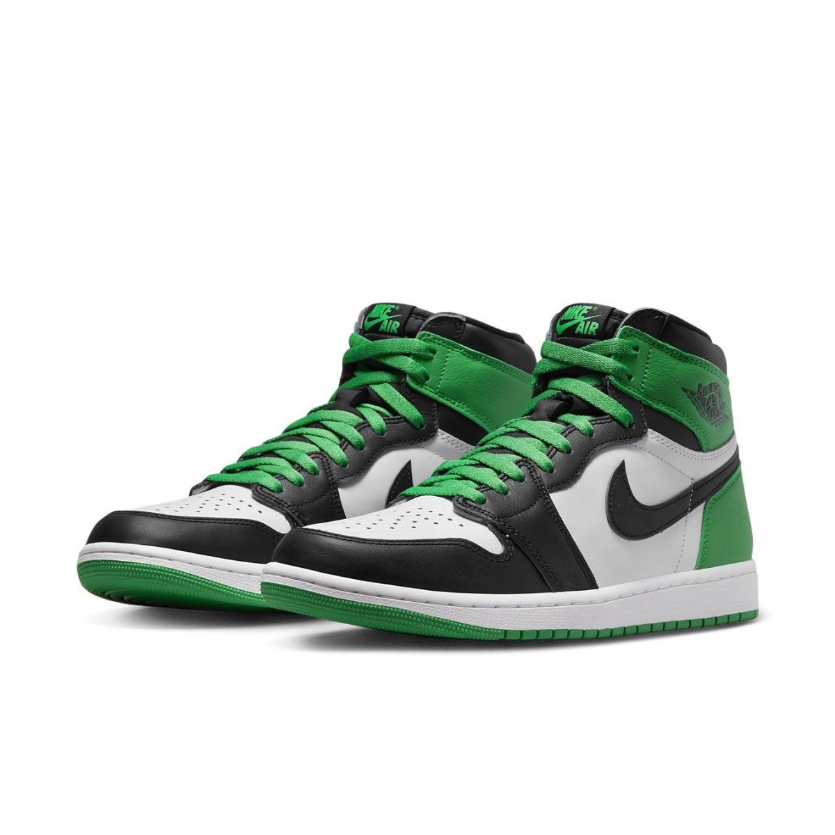 Air Jordan 1 Retro High OG Lucky Green, featuring green, black, and white colorway, inspired by Michael Jordan's playoff performance.