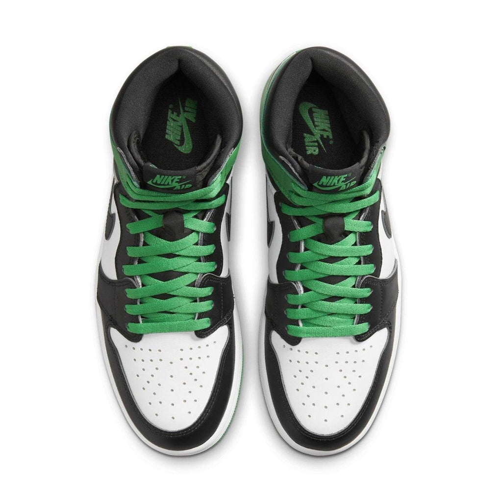 Top view of Jordan 1 Retro High OG Lucky Green sneaker featuring white, black, and green color-blocking.