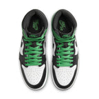 Top view of Jordan 1 Retro High OG Lucky Green sneaker featuring white, black, and green color-blocking.