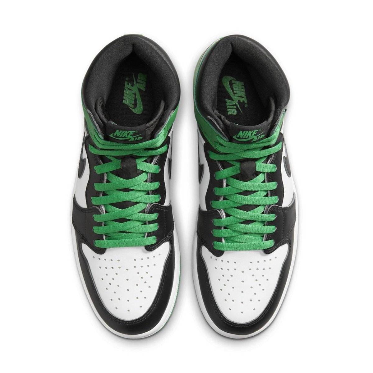 Top view of Jordan 1 Retro High OG Lucky Green sneaker featuring white, black, and green color-blocking.