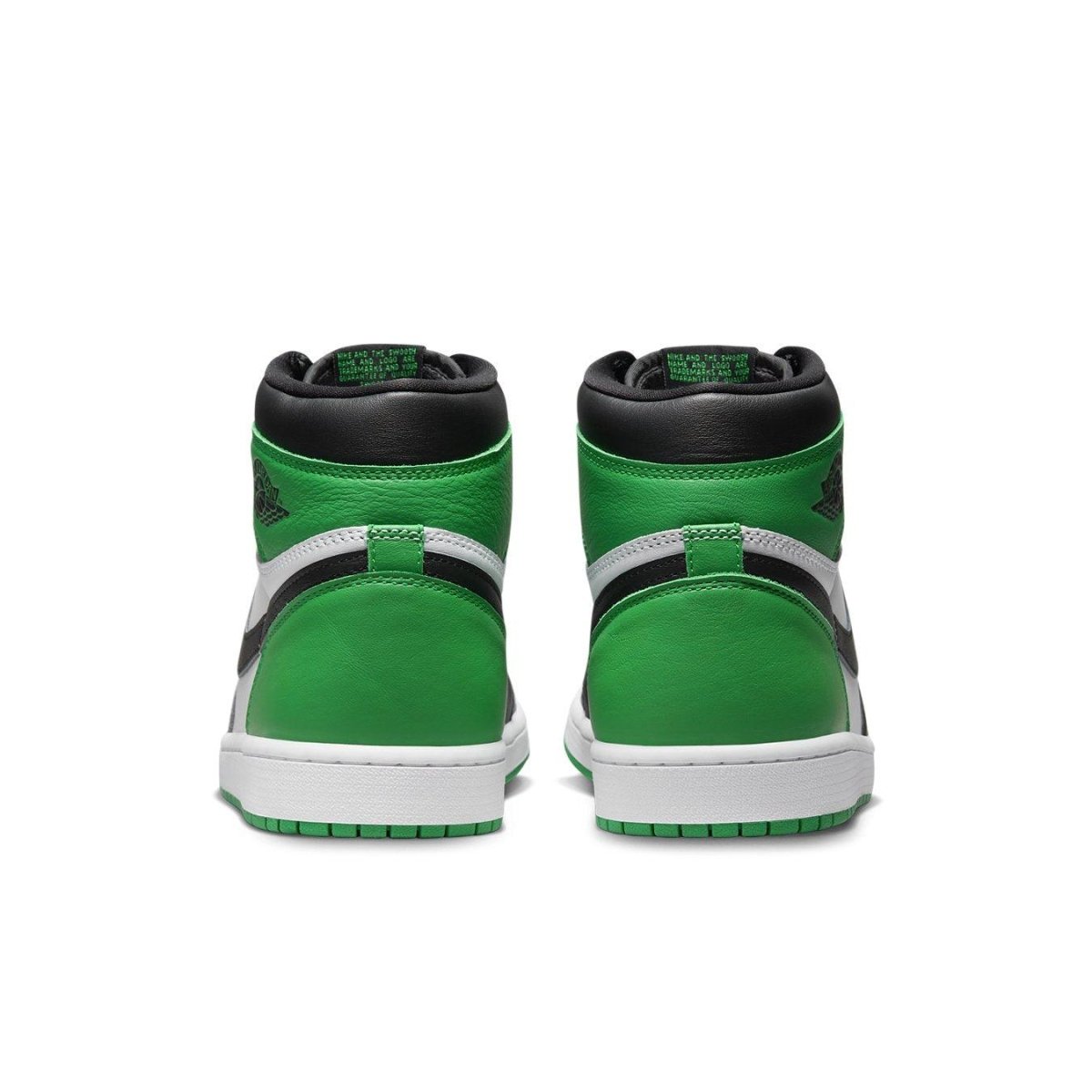 Rear view of Jordan 1 Retro High OG Lucky Green showcasing smooth leather detailing and iconic colorway.