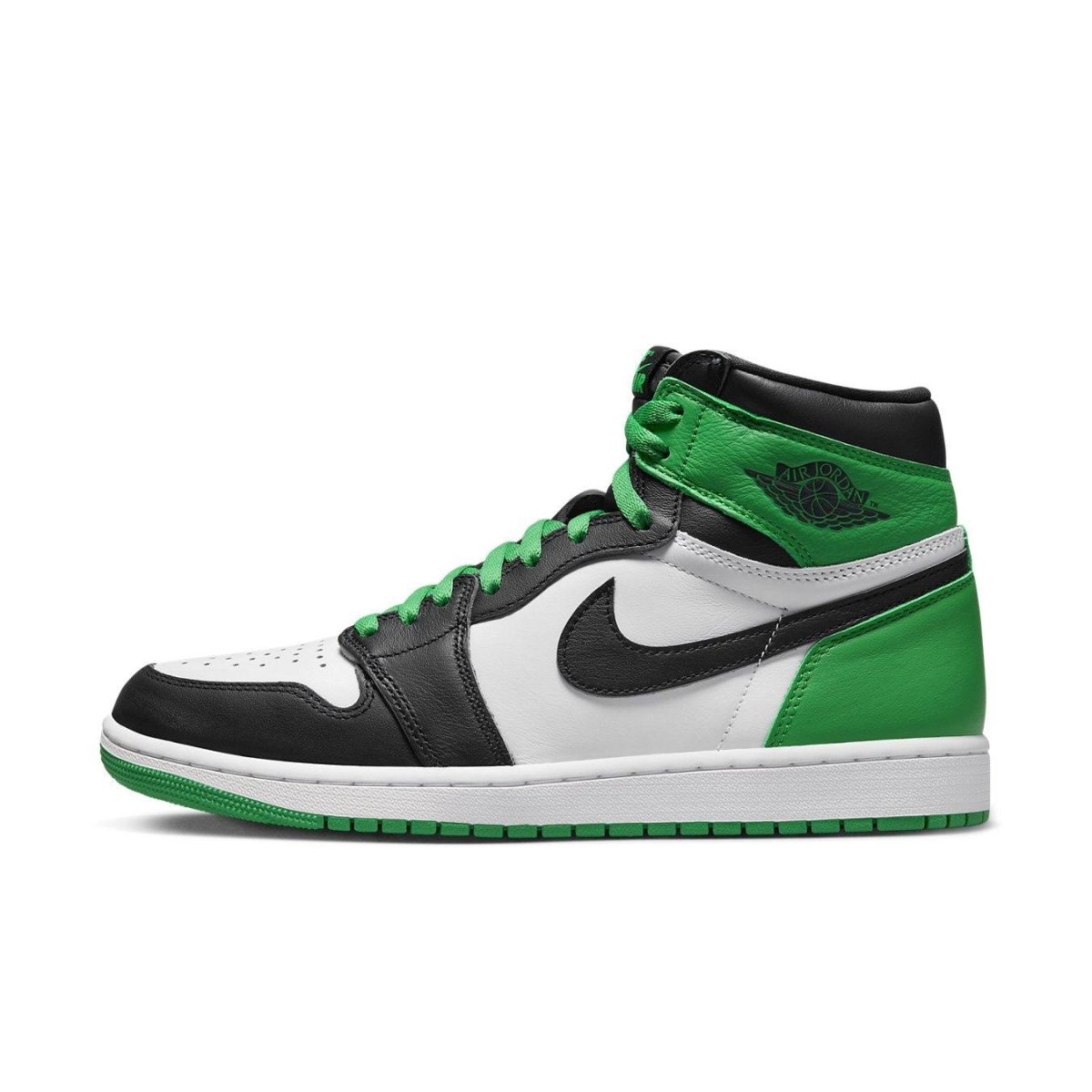 Air Jordan 1 Retro High OG Lucky Green sneaker in black, white, and green colorway.