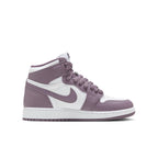 Air Jordan 1 Retro High OG Mauve GS sneakers in white and mauve colorway, featuring leather upper and Nike Swoosh.