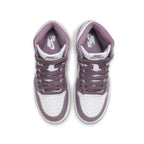 Top view of Air Jordan 1 Retro High OG Mauve (GS) shoes featuring white and mauve colorway and classic high-top design.