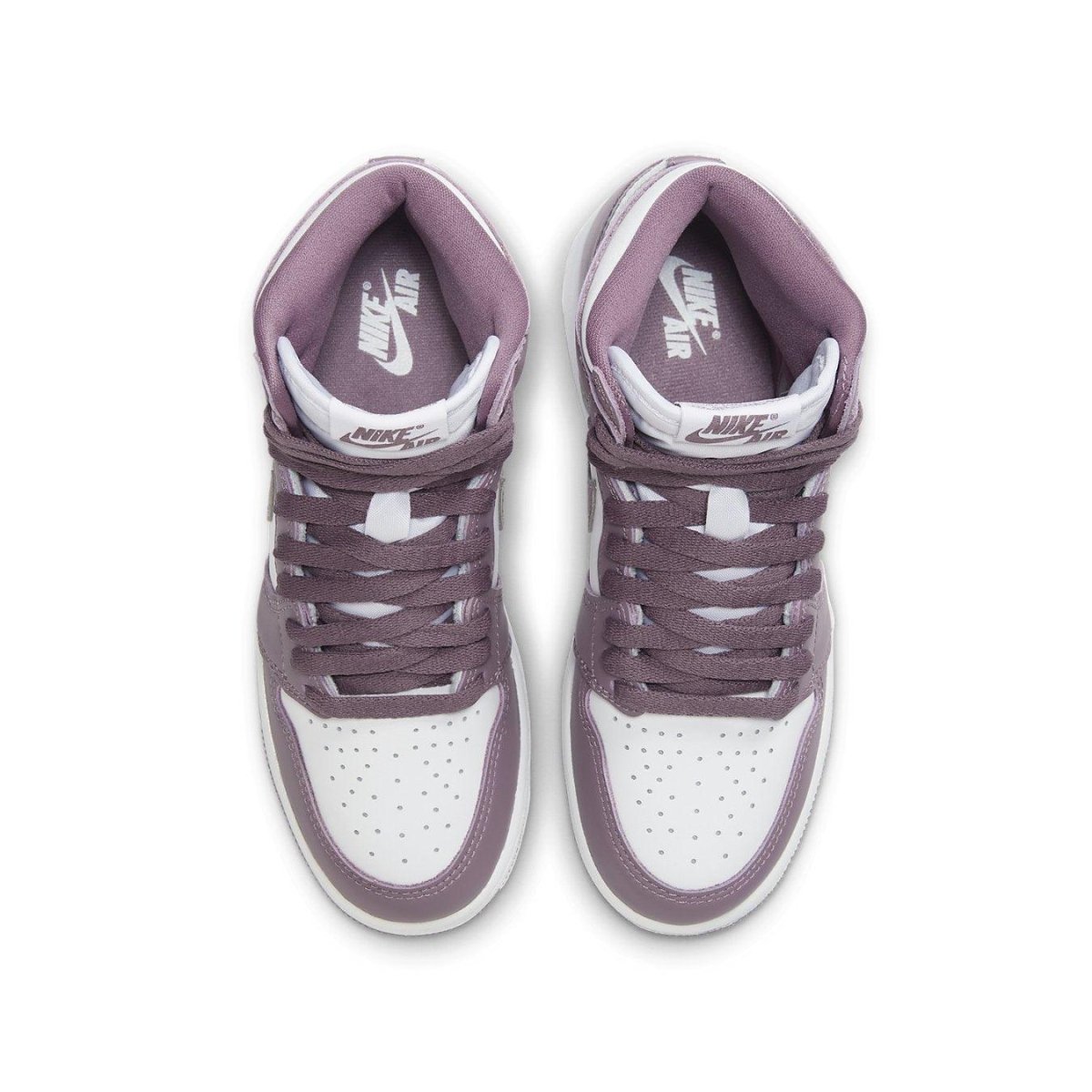 Top view of Air Jordan 1 Retro High OG Mauve (GS) shoes featuring white and mauve colorway and classic high-top design.