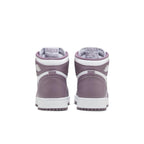 Rear view of Air Jordan 1 Retro High OG Mauve (GS) showcasing smooth leather in mauve and white accents.