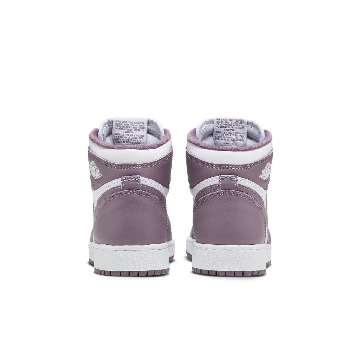 Rear view of Air Jordan 1 Retro High OG Mauve (GS) showcasing smooth leather in mauve and white accents.