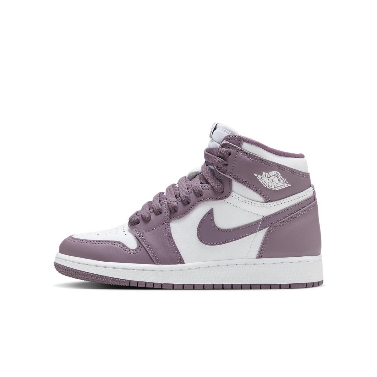 Air Jordan 1 Retro High OG Mauve (GS) with white and mauve leather design, classic high-top silhouette.