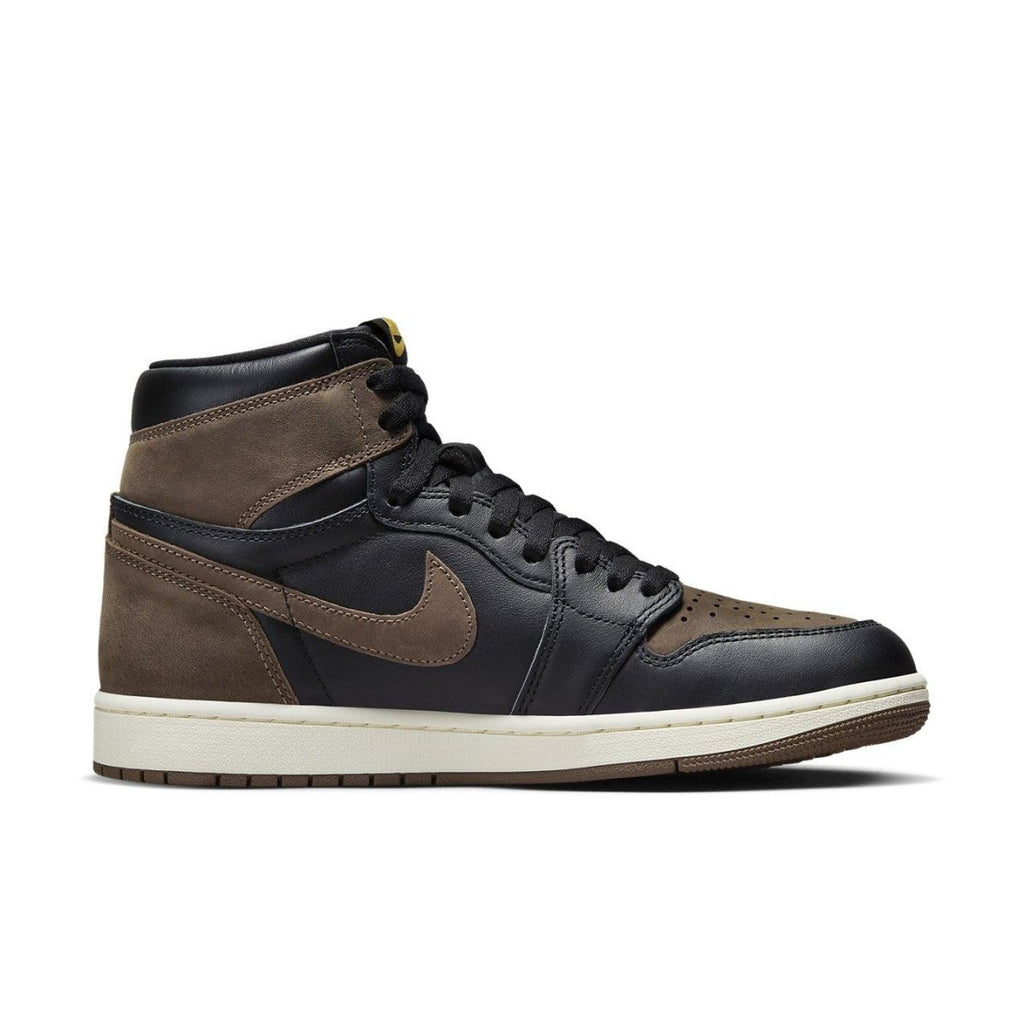 Nike Air Jordan 1 Retro High OG Palomino sneaker featuring black leather and aged brown nubuck accents.