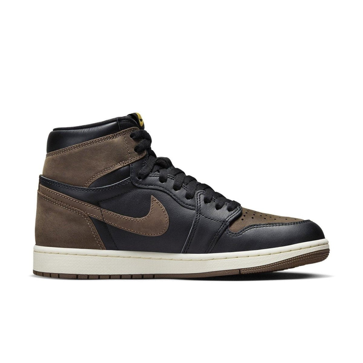 Nike Air Jordan 1 Retro High OG Palomino sneaker featuring black leather and aged brown nubuck accents.