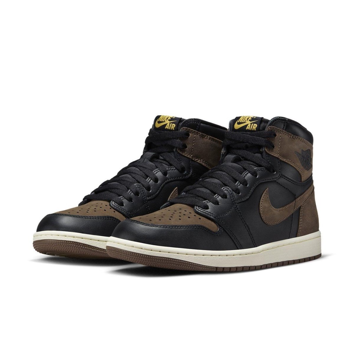 Air Jordan 1 Retro High OG Palomino in black and brown nubuck, featuring iconic design and premium construction.