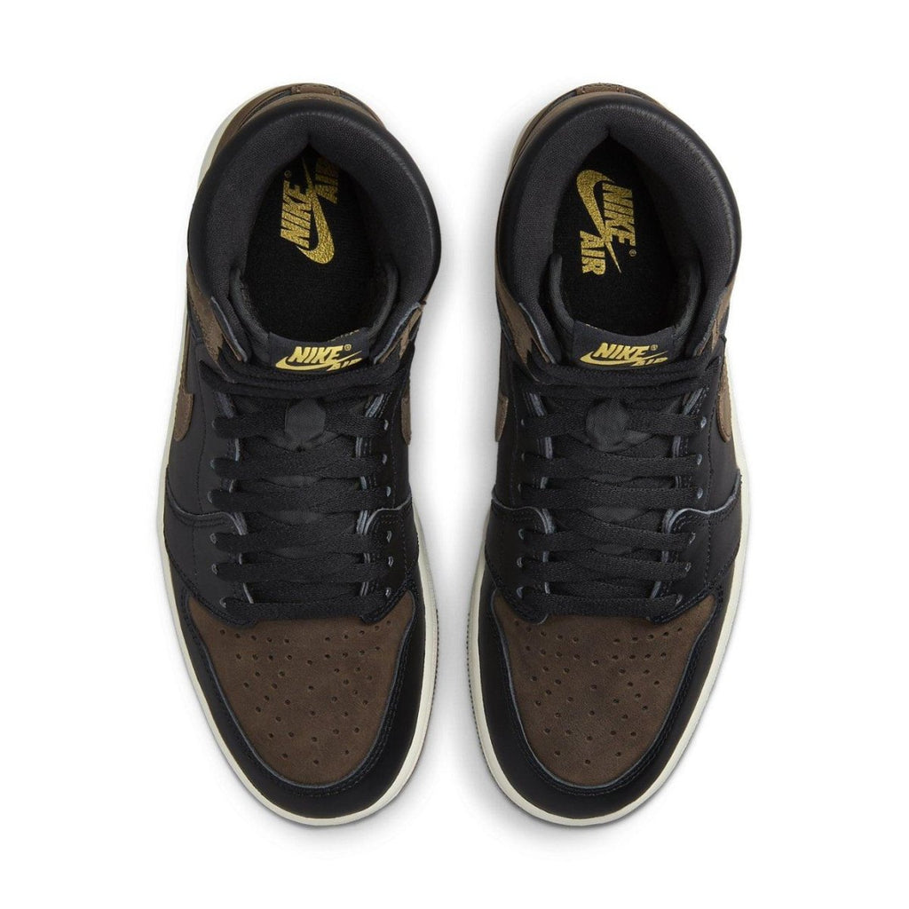 Jordan 1 Retro High OG Palomino top view featuring black leather and brown nubuck design.