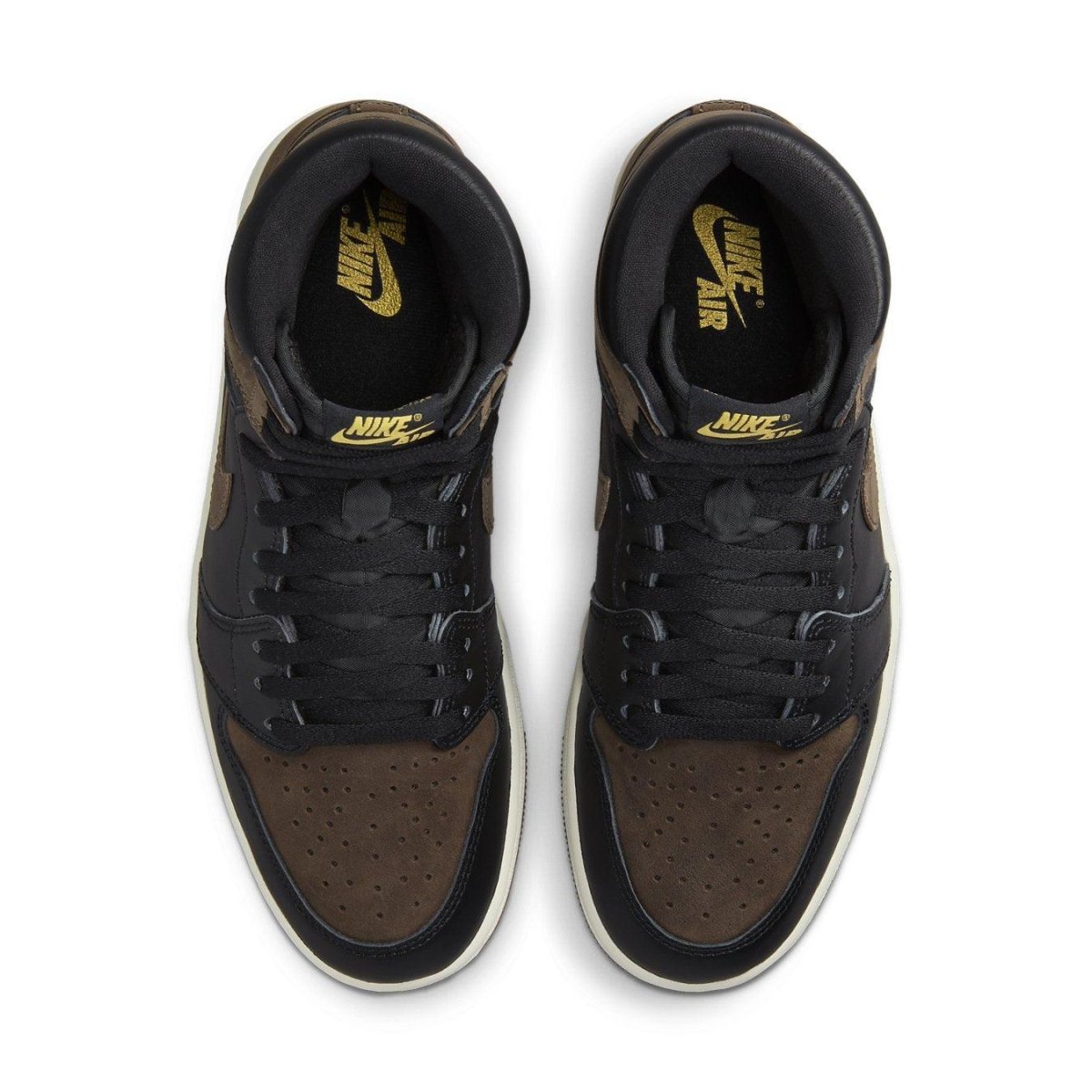 Jordan 1 Retro High OG Palomino top view featuring black leather and brown nubuck design.
