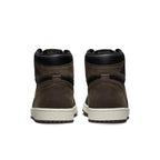 Back view of Air Jordan 1 Retro High OG Palomino featuring brown nubuck and black leather accents.