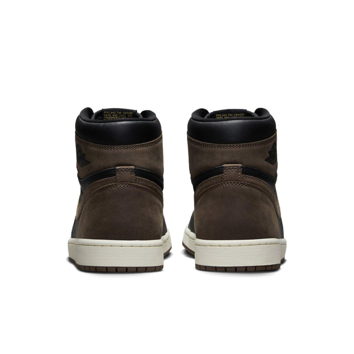 Back view of Air Jordan 1 Retro High OG Palomino featuring brown nubuck and black leather accents.