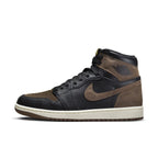 Air Jordan 1 Retro High OG 'Palomino' black and brown leather sneaker side view.