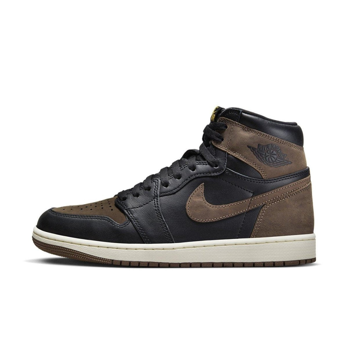 Air Jordan 1 Retro High OG 'Palomino' black and brown leather sneaker side view.