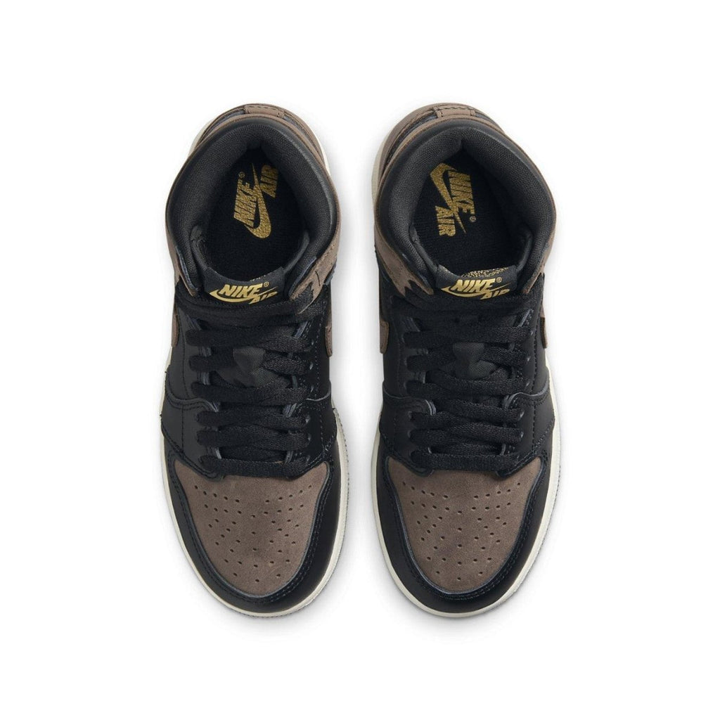 Air Jordan 1 Retro High OG Palomino GS shoes featuring black leather and brown nubuck design.