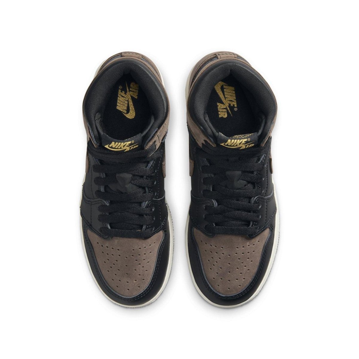 Air Jordan 1 Retro High OG Palomino GS shoes featuring black leather and brown nubuck design.