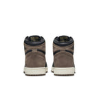 Rear view of Air Jordan 1 Retro High OG Palomino GS in brown suede and black detailing.