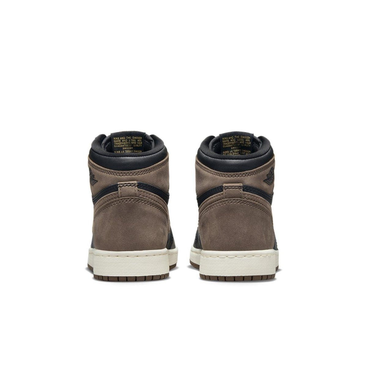 Rear view of Air Jordan 1 Retro High OG Palomino GS in brown suede and black detailing.