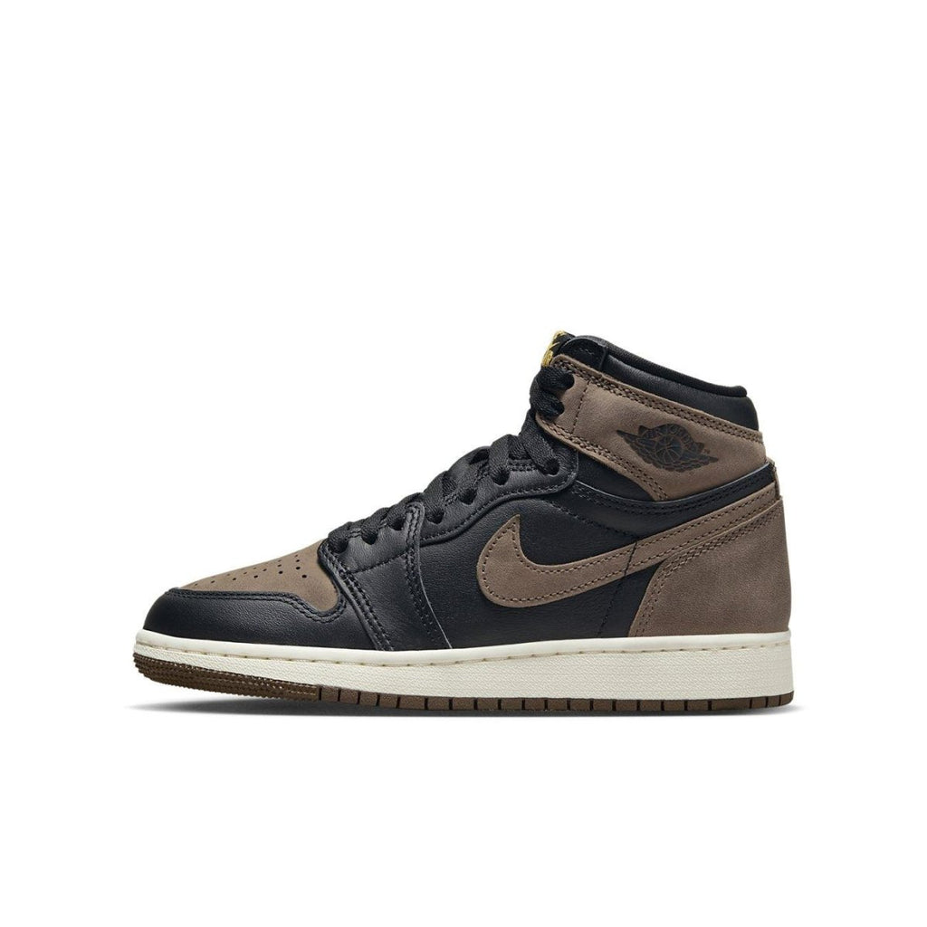 Air Jordan 1 Retro High OG Palomino (GS) in black and brown, featuring leather and nubuck details.