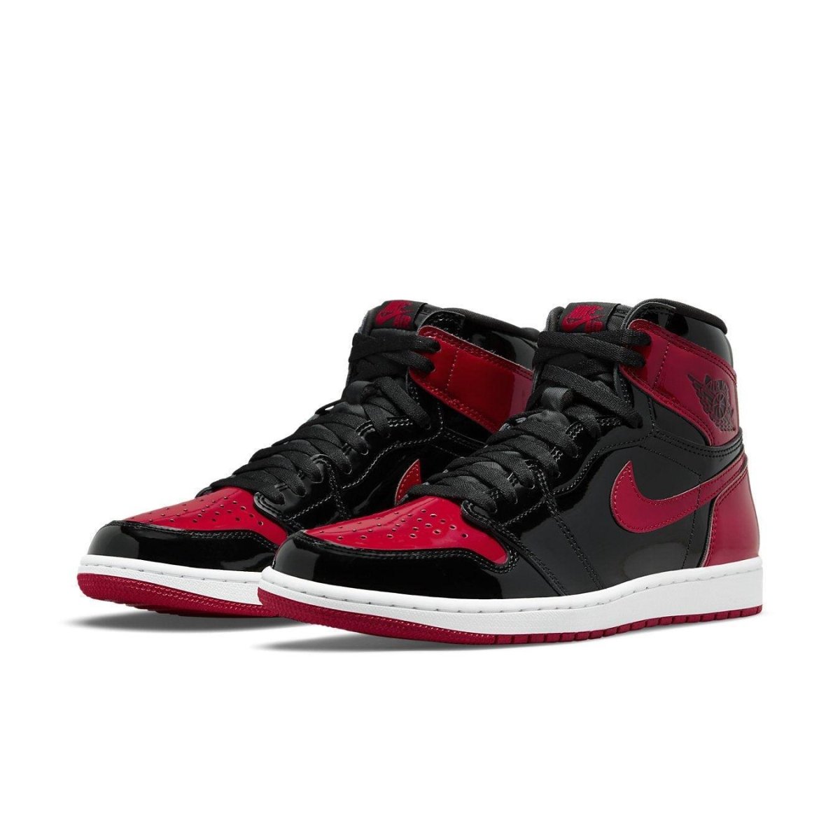 Air Jordan 1 Retro High OG Patent Bred in black and Varsity Red, showcasing glossy finish and classic design elements.