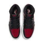 Top view of Air Jordan 1 Retro High OG Patent Bred sneakers featuring black and varsity red colorway.