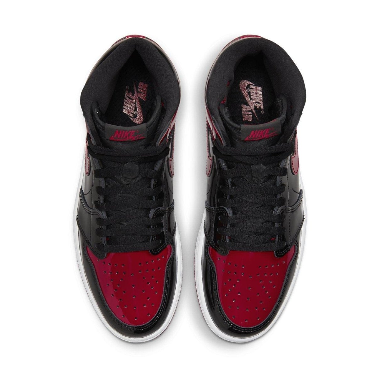 Top view of Air Jordan 1 Retro High OG Patent Bred sneakers featuring black and varsity red colorway.