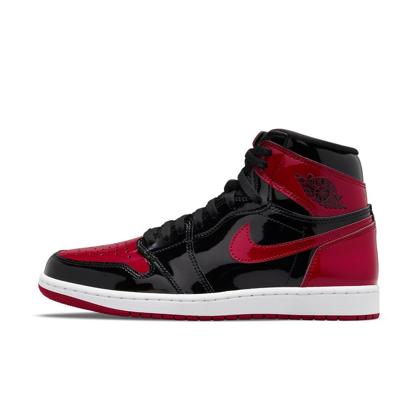 Air Jordan 1 Retro High OG Patent Bred in black and Varsity Red with patent leather upper and iconic design.