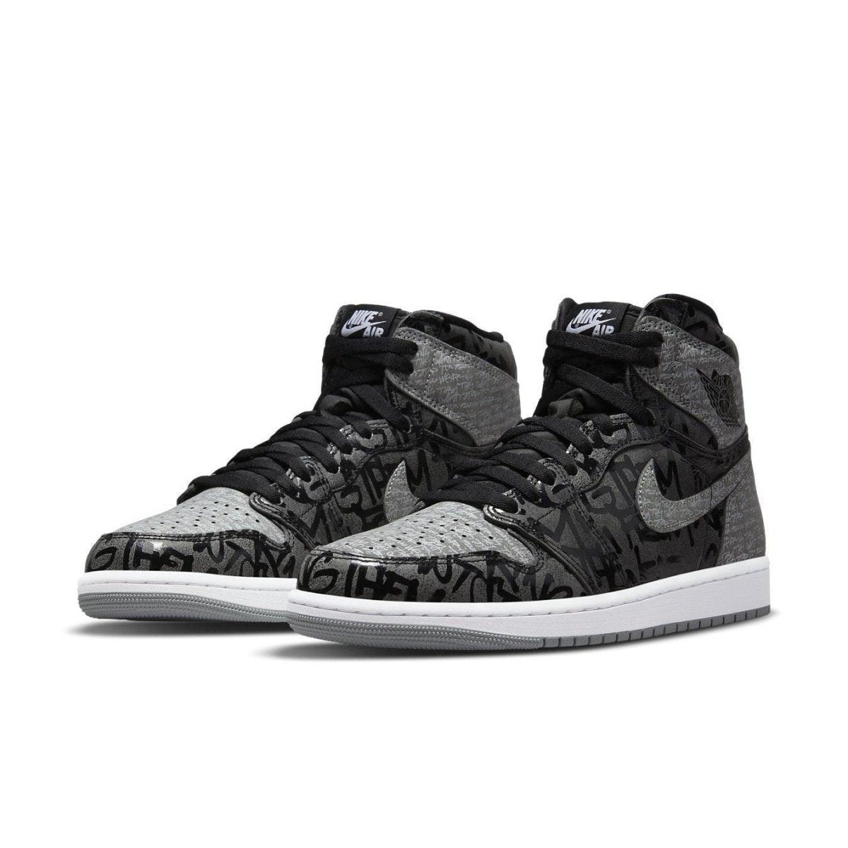 Jordan 1 Retro High OG Rebellionaire sneakers featuring black and gray premium upper with unique graphic design.