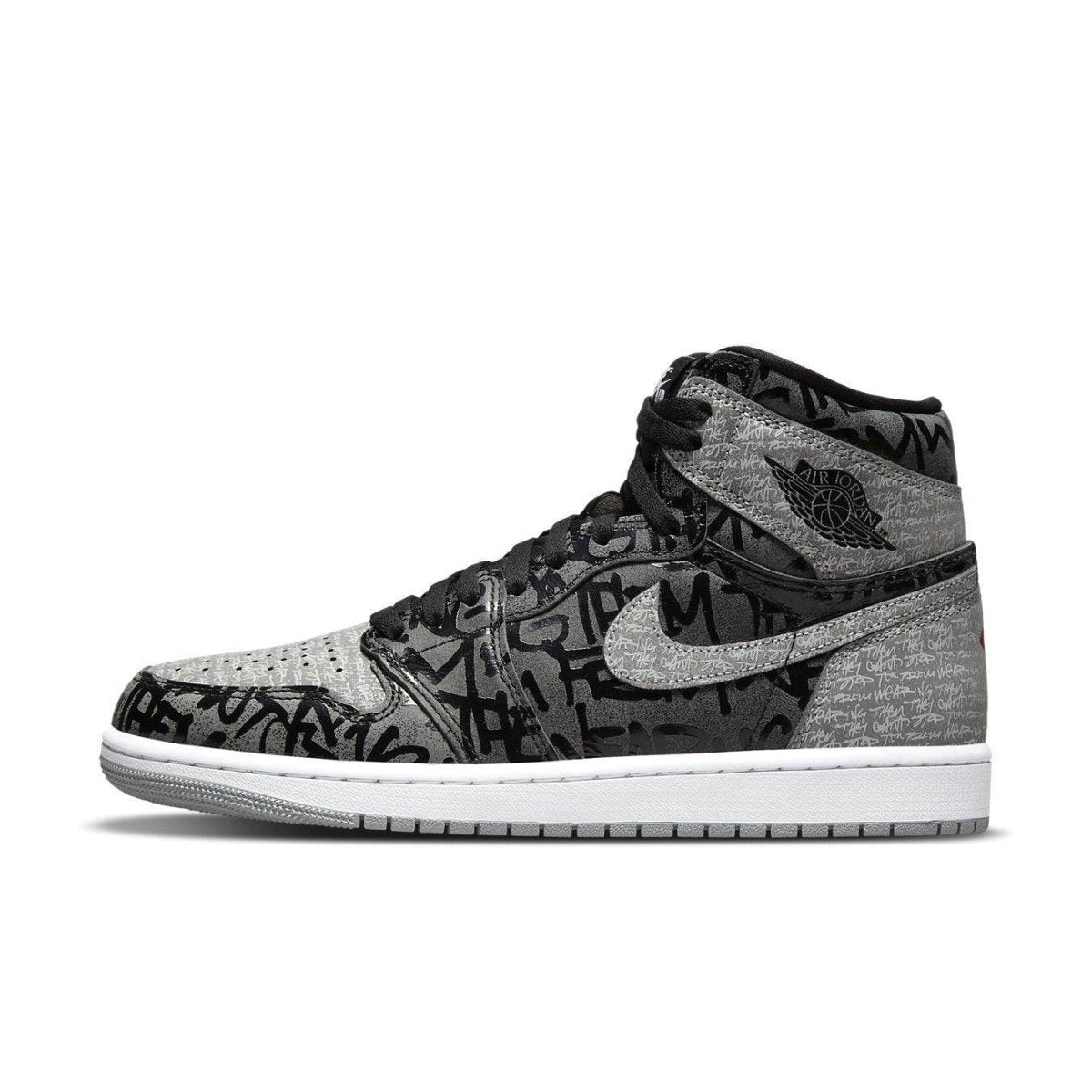 Jordan 1 Retro High OG Rebellionaire featuring silver-gray panels and black Air Jordan Wings emblem.