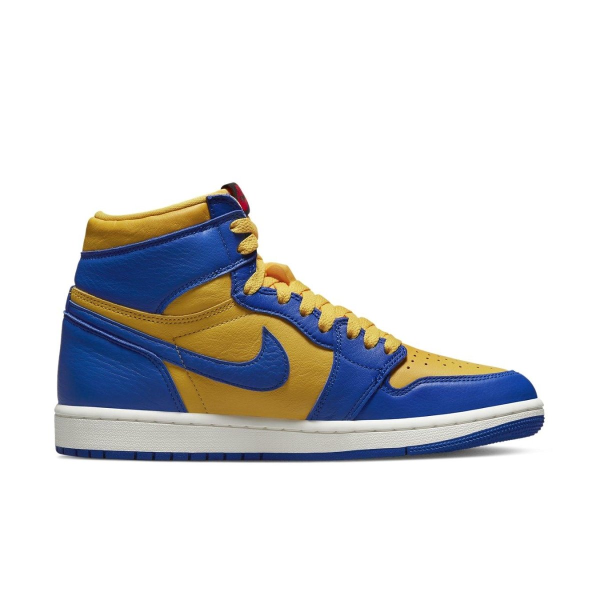 Air Jordan 1 Retro High OG Reverse Laney Women's sneaker in blue and yellow colorway.