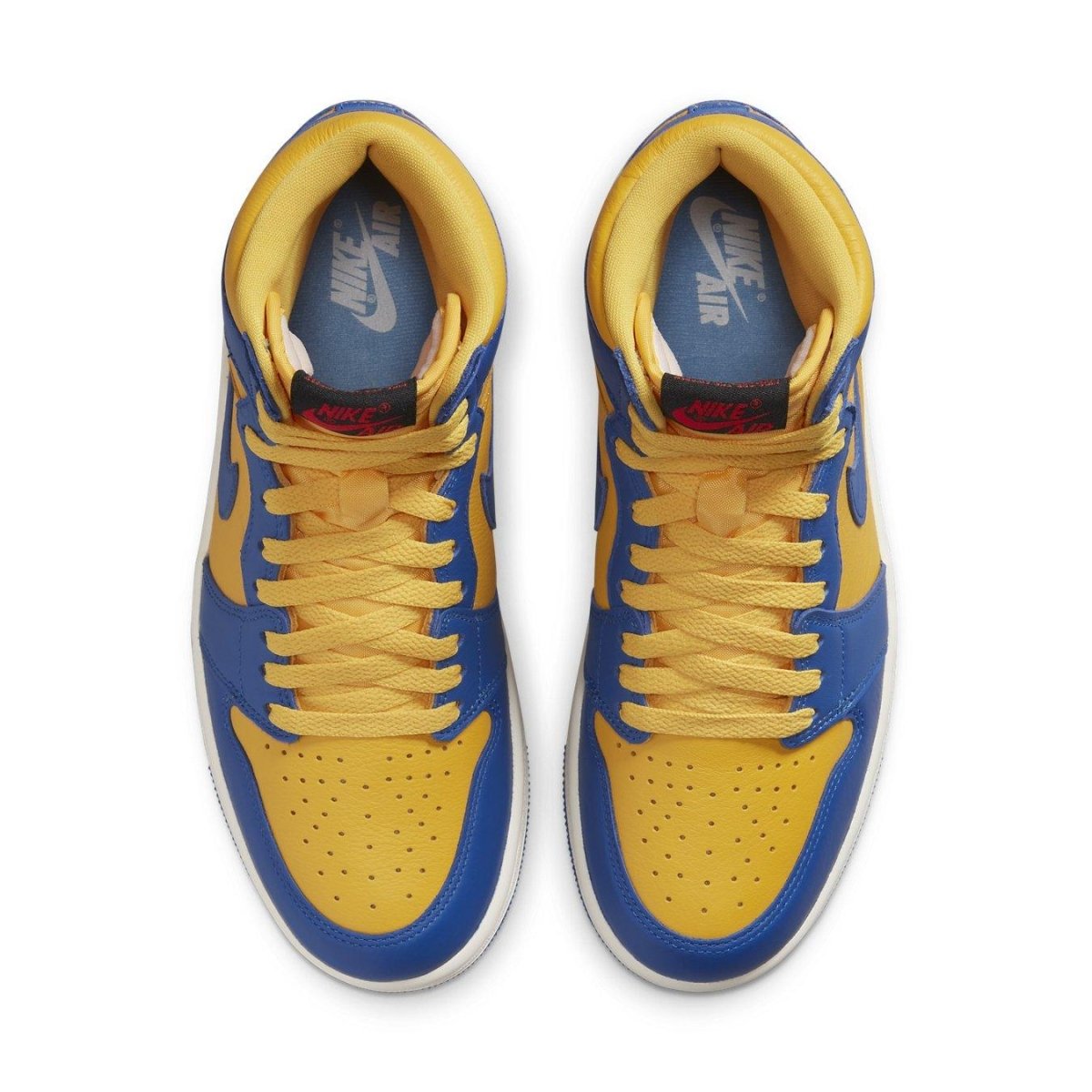 Air Jordan 1 Retro High OG Reverse Laney women’s sneakers in vibrant blue and yellow design, top view.