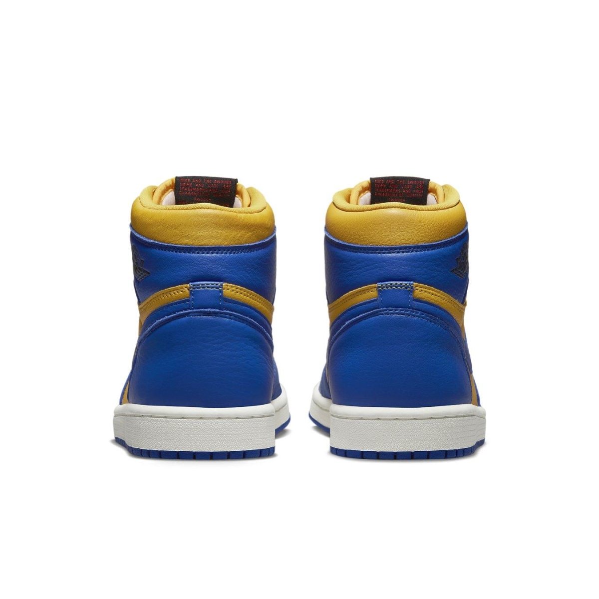 Back view of Air Jordan 1 Retro High OG Reverse Laney sneakers in blue and yellow color scheme.